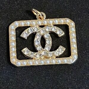 CC Gold Tone Rhinestone & Faux Pearl CC Logo Necklace Pendant Charm